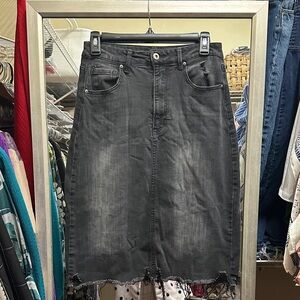 Black Denim Midi Skirt with Frayed Hem